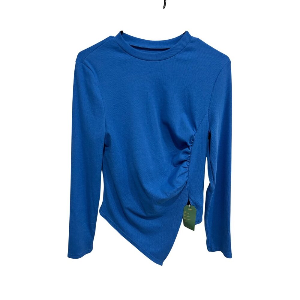 Remidoo Blue Long Sleeve Ruched Asymmetric Hem Polyester Top Size Large NWT